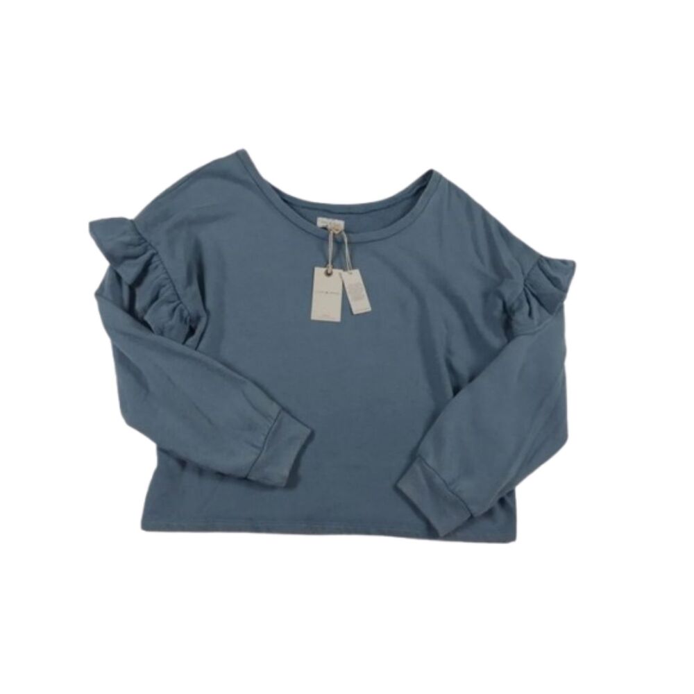 NWT Lucky Brand Ruffle-Shoulder Crop Sweatshirt Dusty Blue